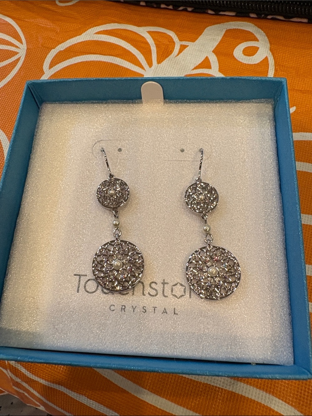 Touchstone Crystal lace work earrings  Silver Filigree Double Drop Earrings